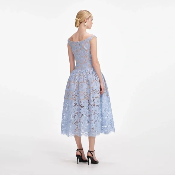 NWT- Self-Portrait Blue Midi Dress in Floral Lace - Picture 5 of 17